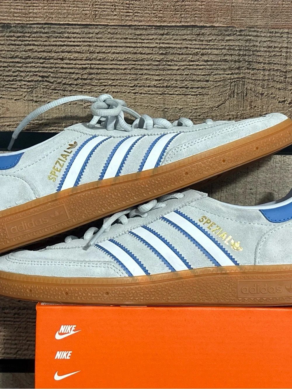 adidas Spezial Suede Sneakers in Light Gray, White & Blue with Gum Sole W8, M7.